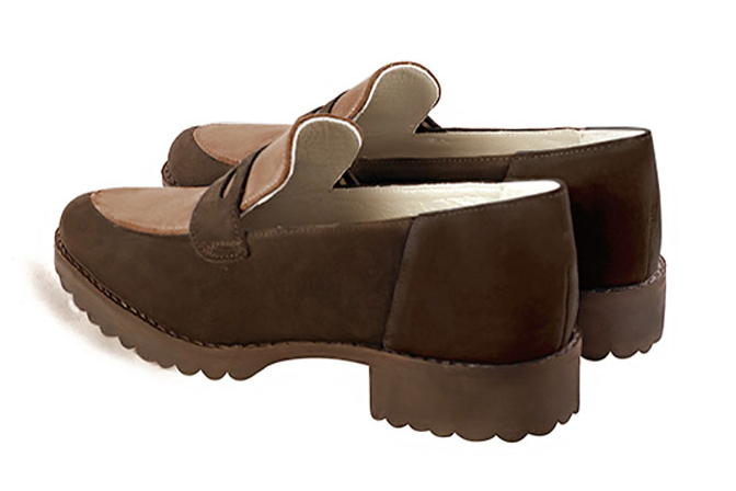 Chocolate brown and biscuit beige women's casual loafers. Round toe. Flat rubber soles. Rear view - Florence KOOIJMAN